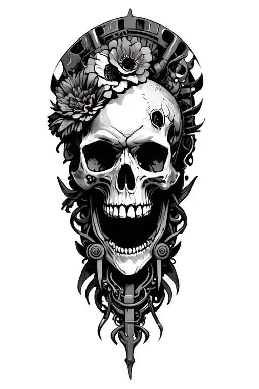 skin, rips, bio, mechanical elements, and skulls leg sleeve tattoo design idea