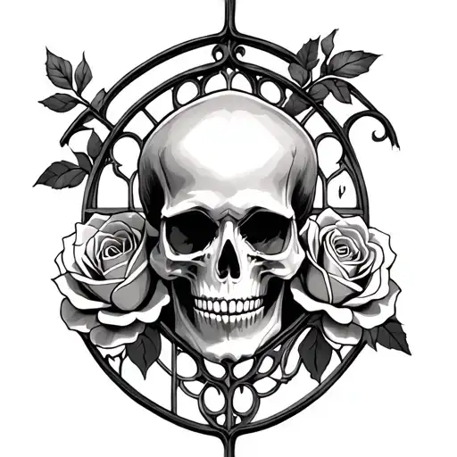 skull, roses, Gothic church window tattoo design idea