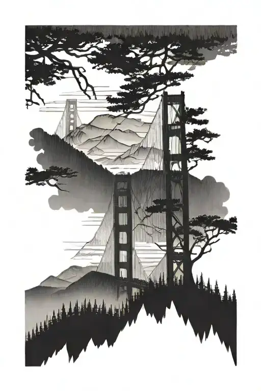forest treeline at bottom with mountains behind them in the middle and the Golden Gate Bridge tower behind the mountains tattoo design idea