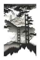 forest treeline at bottom with mountains behind them in the middle and the Golden Gate Bridge tower behind the mountains tattoo design idea