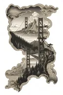 forest treeline at bottom with mountains behind them in the middle and the Golden Gate Bridge tower behind the mountains tattoo design idea