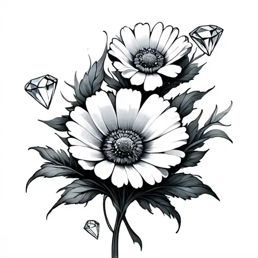 daisy, diamond, poppy flower intertwined tattoo design idea