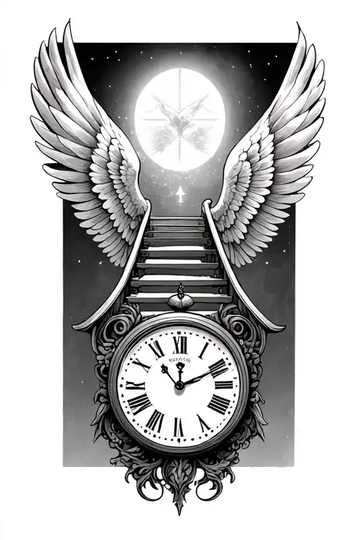 heaven stairs clock wings tattoo design idea