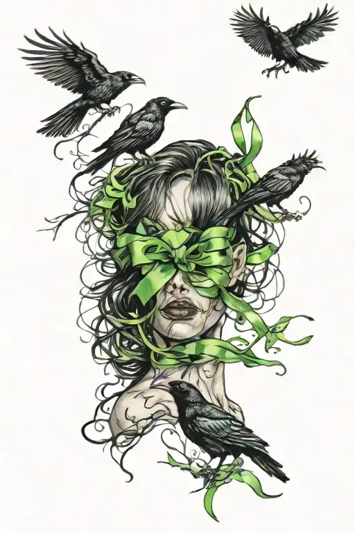 a woman's severed head with crows surround it holding a green ribbon tattoo design idea
