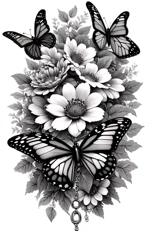 several butterfly with flowers and a large rosary tattoo design idea