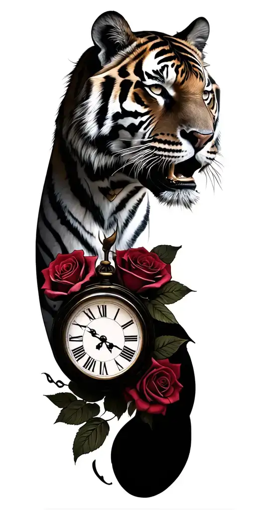 tiger, clock, roses, vicking head tattoo design idea