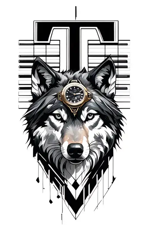 Piano keyboard, geometrical wolf, letter T and a watch mechanism intertwined tattoo design idea