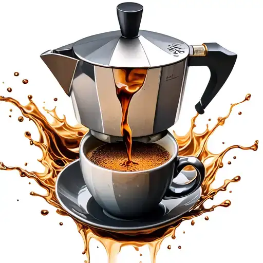 a moka pot pouring coffee into a cup floating tattoo design idea