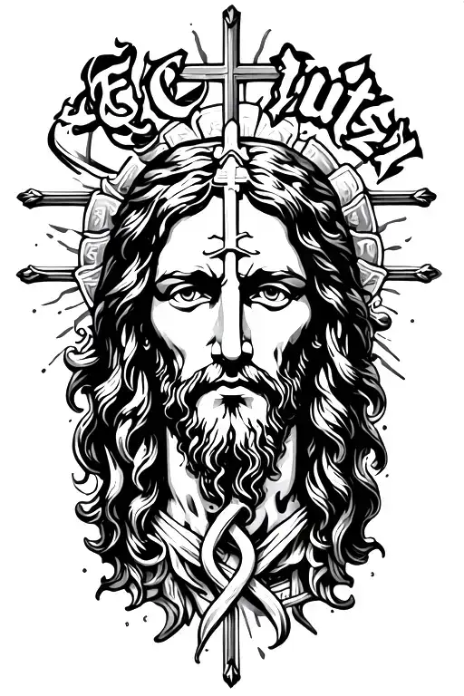 "E Cutz" Jesus Christ face realism  with cross in the background  tattoo design idea