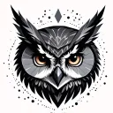 A black and grey owl head with some geometric triangle shapes surrounding the top and some dots surrounding  tattoo design idea