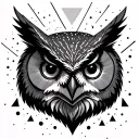 A black and grey owl head with some geometric triangle shapes surrounding the top and some dots surrounding  tattoo design idea