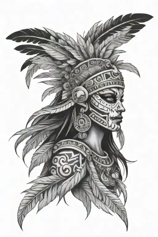 aztec warrior girl day of dead tattoo idea pattern feathers tattoo design idea