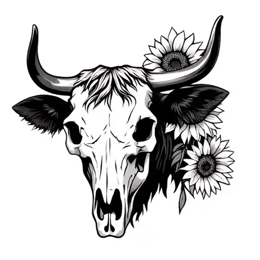 cow skull head with highland cow and sunflowers tattoo design idea