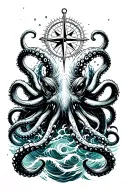 angry kracken octopus in ocean with nautical compass in middle with tentacles out wide with waves tattoo design idea