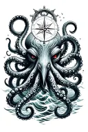 angry kracken octopus in ocean with nautical compass in middle with tentacles out wide with waves tattoo design idea