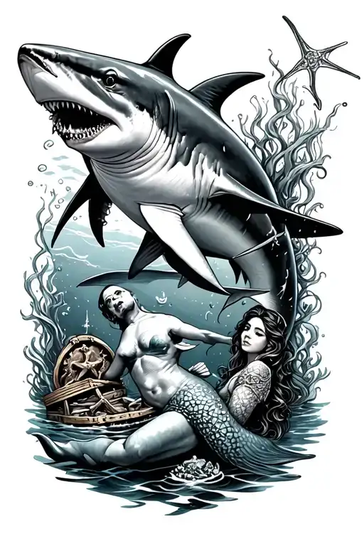 Full sleeve underwater ocean scene with hammerhead, shark pirate, treasure, and mermaid tattoo design idea