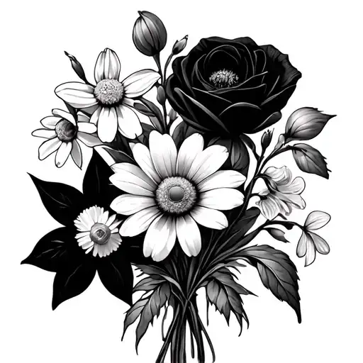 flower bundle with daisy, daffodil, violet, poppy, snowdrop, mums x2, Mary gold x2, Narcissus, rose, Lilly of Valley x2 tattoo design idea