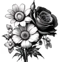 flower bundle with daisy, daffodil, violet, poppy, snowdrop, mums x2, Mary gold x2, Narcissus, rose, Lilly of Valley x2 tattoo design idea