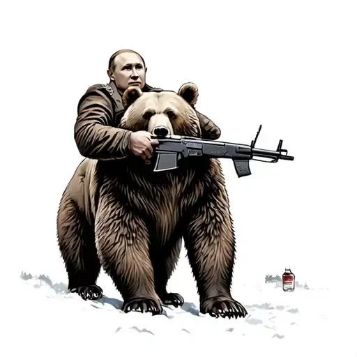 Putin ride on a bear with a AK-47 in the hand and drink vodka  tattoo design idea
