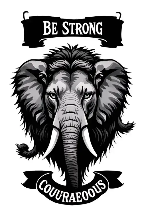 "Be Strong & Courageous " elephant and Lion head tattoo design idea