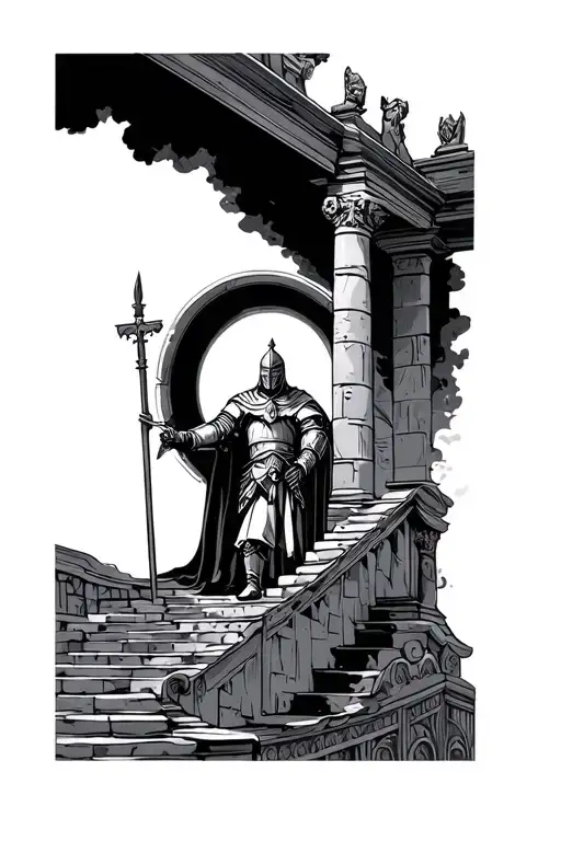 Medieval Knight ascending stairs going into heaven tattoo design idea