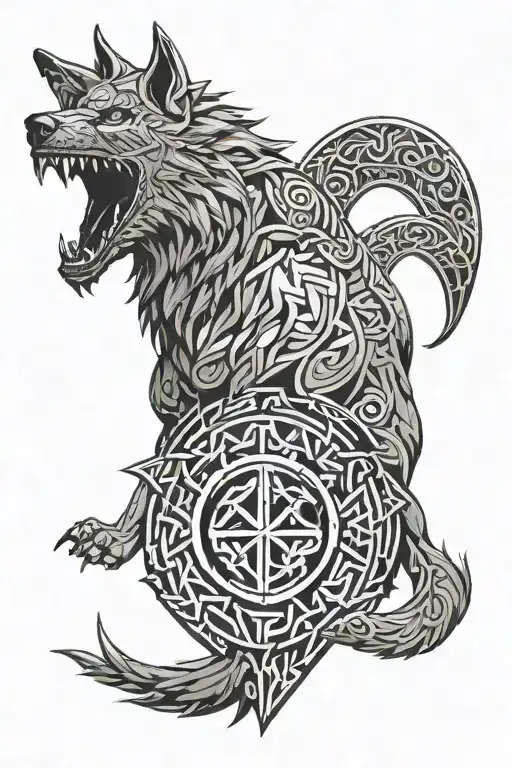 fenrir with runes open your heart tattoo design idea