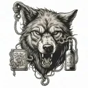 wolf, alcohol bottle, noose, life, tattoo design idea