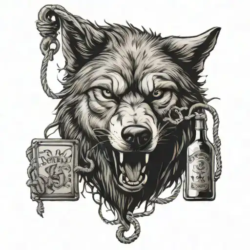 wolf, alcohol bottle, noose, life, tattoo design idea