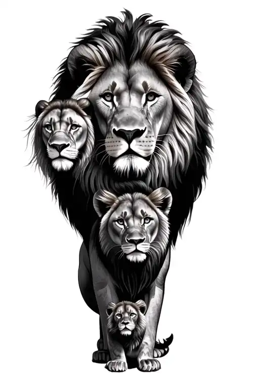 Family of lions, Lion with big maine, lioness, and 2 cubs, i want the cubs fairly close please tattoo design idea