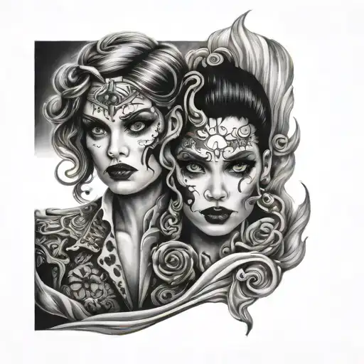 butiful girl two face good vs evil tattoo design idea