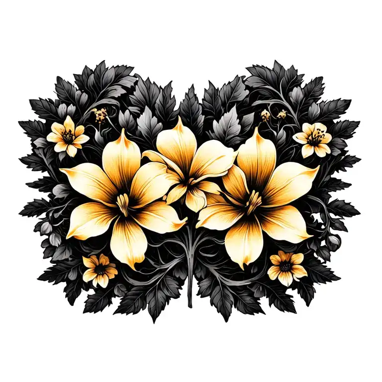 goldflame honeysuckle flowers intertwined with vines and leaves. Have there be a lot of small flowers  tattoo design idea