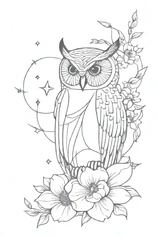 owl face with no geometric surrounded by lots of cosmo flowers and gladiolus flowers tattoo design idea
