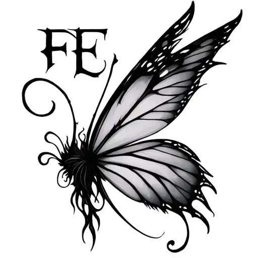 "FAE" inscribed in a delicate translucent manuscript style fairy wing tattoo design idea