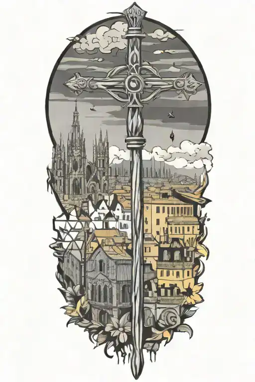 yellow weaver brooms, St. George's cross and the city of barcelona tattoo design idea