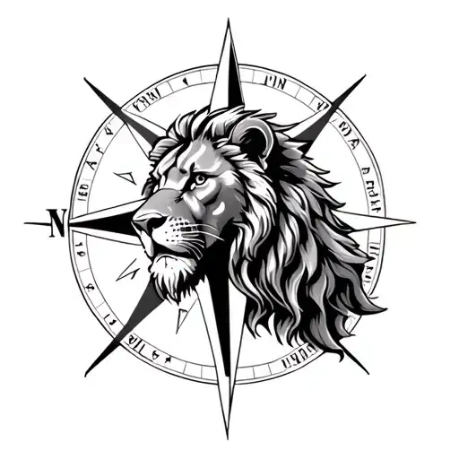 lion head on top of a compass rose, the lion faces to the right tattoo design idea