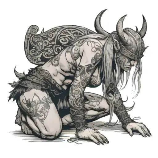naked tattooed viking woman kneeling tattoo design idea