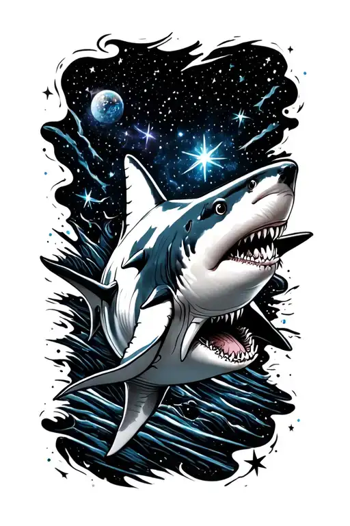 great white shark swimming through space tattoo with galaxy filled with stars tattoo design idea
