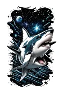 great white shark swimming through space tattoo with galaxy filled with stars tattoo design idea