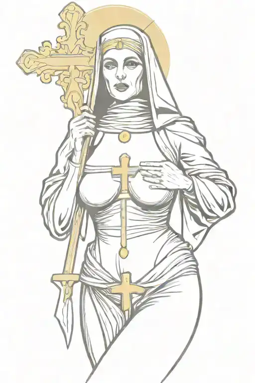 Sexy Nun, huge boobs,, wide hips, petite, revealing attire, seductive facial expressions, gold cross, Lingerie, sexual tattoo design idea