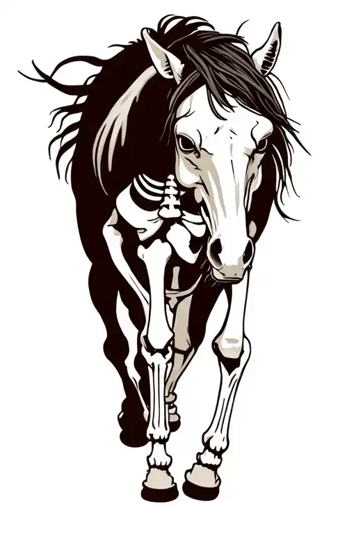 horse skeleton with angry eyes galloping from side view tattoo design idea