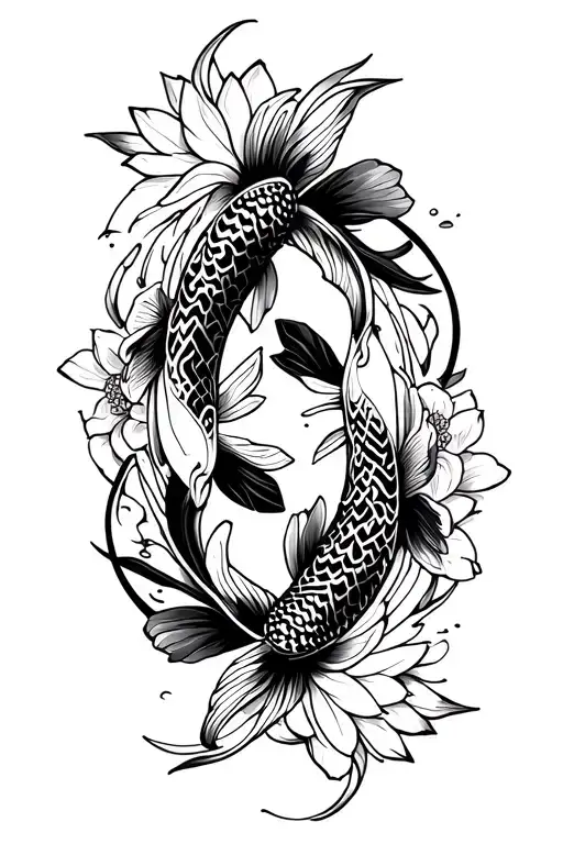 2 koi fish with lotus flowres around them, added tribal symbols and completed filled in tattoo design idea