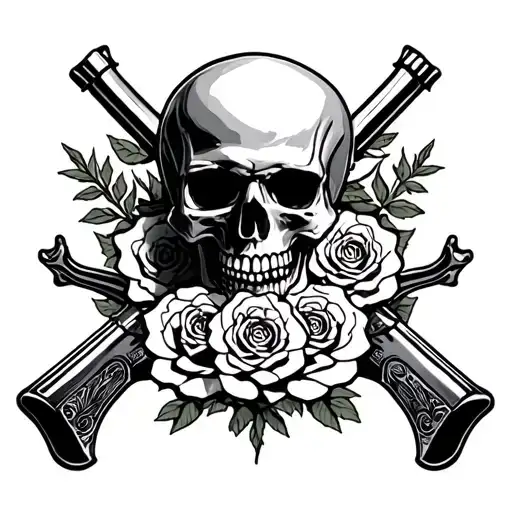 skull guns pirate roses tattoo design idea