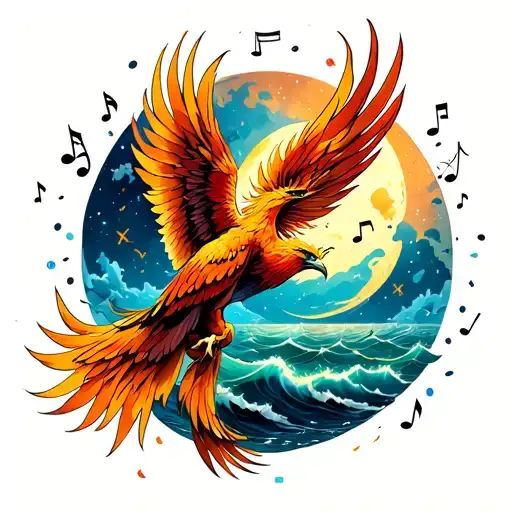 A phoenix flies up to the sky and is surrounded by space dust from music notes. Background shimmers the sea and moon tattoo design idea