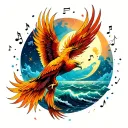 A phoenix flies up to the sky and is surrounded by space dust from music notes. Background shimmers the sea and moon tattoo design idea