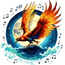 A phoenix flies up to the sky and is surrounded by space dust from music notes. Background shimmers the sea and moon tattoo design idea