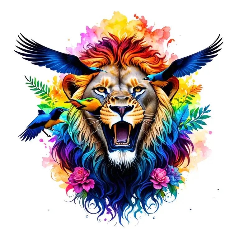lion roaring incorporating a rainbow, birds and flowers tattoo design idea