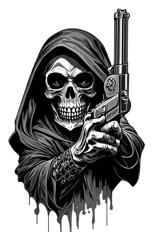 Grim reaper skull with gun morphing tattoo design idea