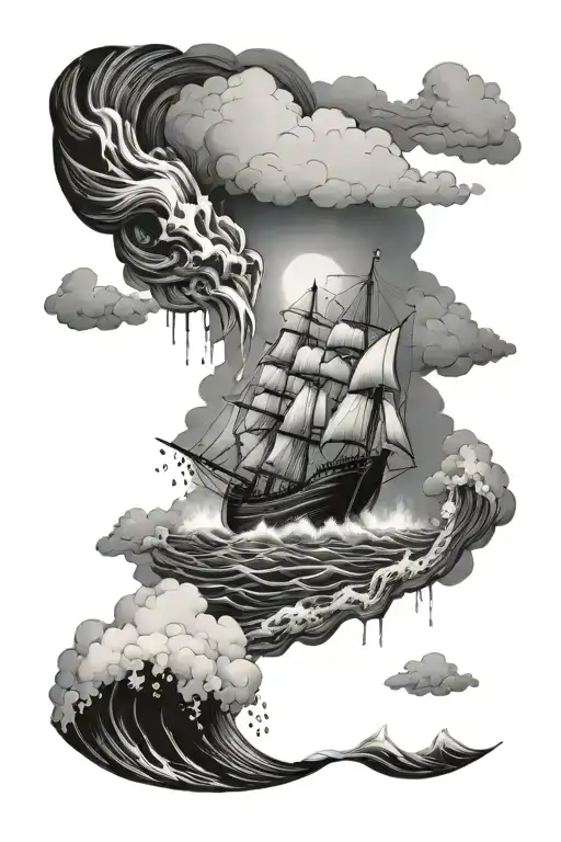 rainstorm on the ocean with clouds and waves, in the clouds there is an eye crying tears and a ship sinking in the waves tattoo design idea