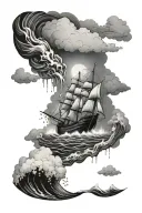rainstorm on the ocean with clouds and waves, in the clouds there is an eye crying tears and a ship sinking in the waves tattoo design idea