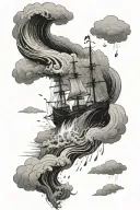 rainstorm on the ocean with clouds and waves, in the clouds there is an eye crying tears and a ship sinking in the waves tattoo design idea